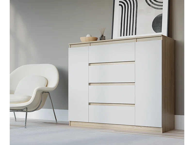 Kommode: Sonoma-Eiche / Mattweiß, 120 x 39 x 101 cm, 2 Türen, 4 Schubladen