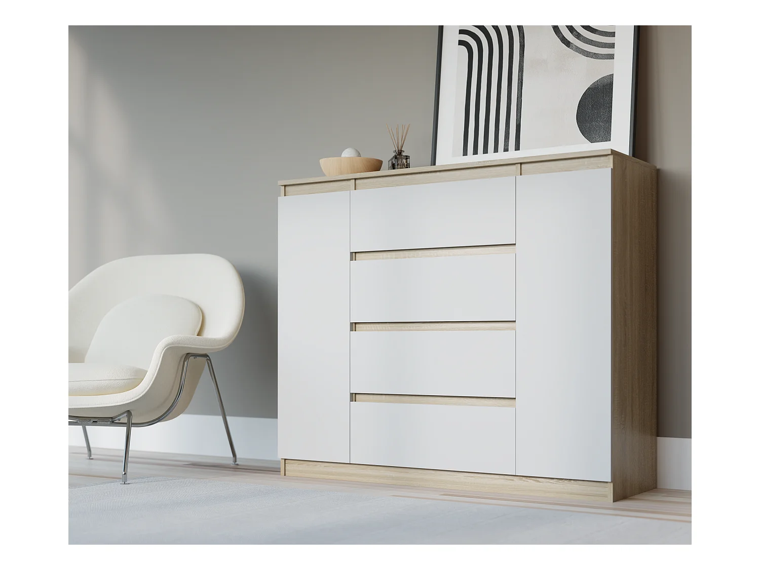 Commode : Chêne Sonoma / Blanc Mat, 120 x 39 x 101 cm, 2 Portes, 4 Tiroirs