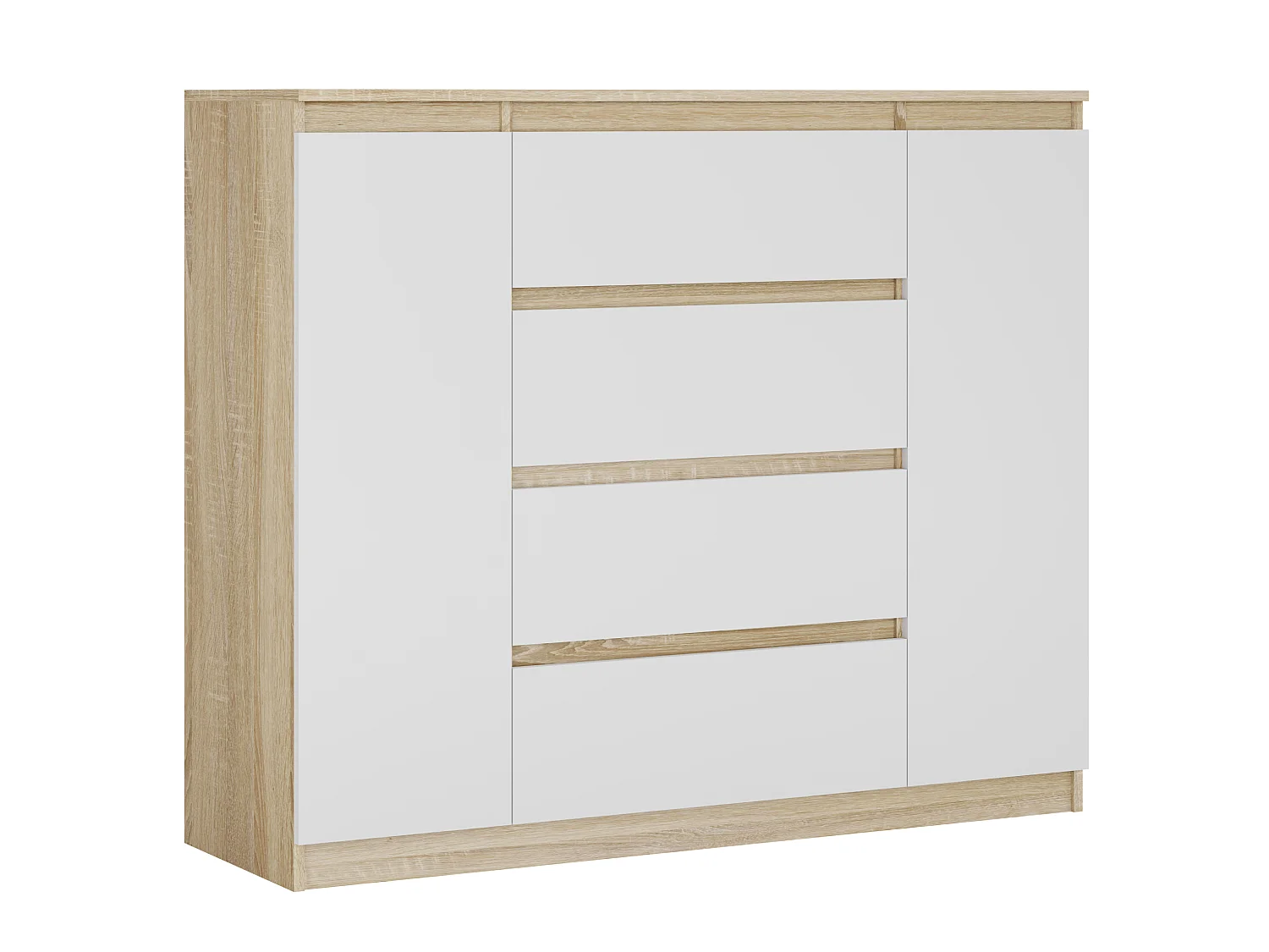 Commode : Chêne Sonoma / Blanc Mat, 120 x 39 x 101 cm, 2 Portes, 4 Tiroirs