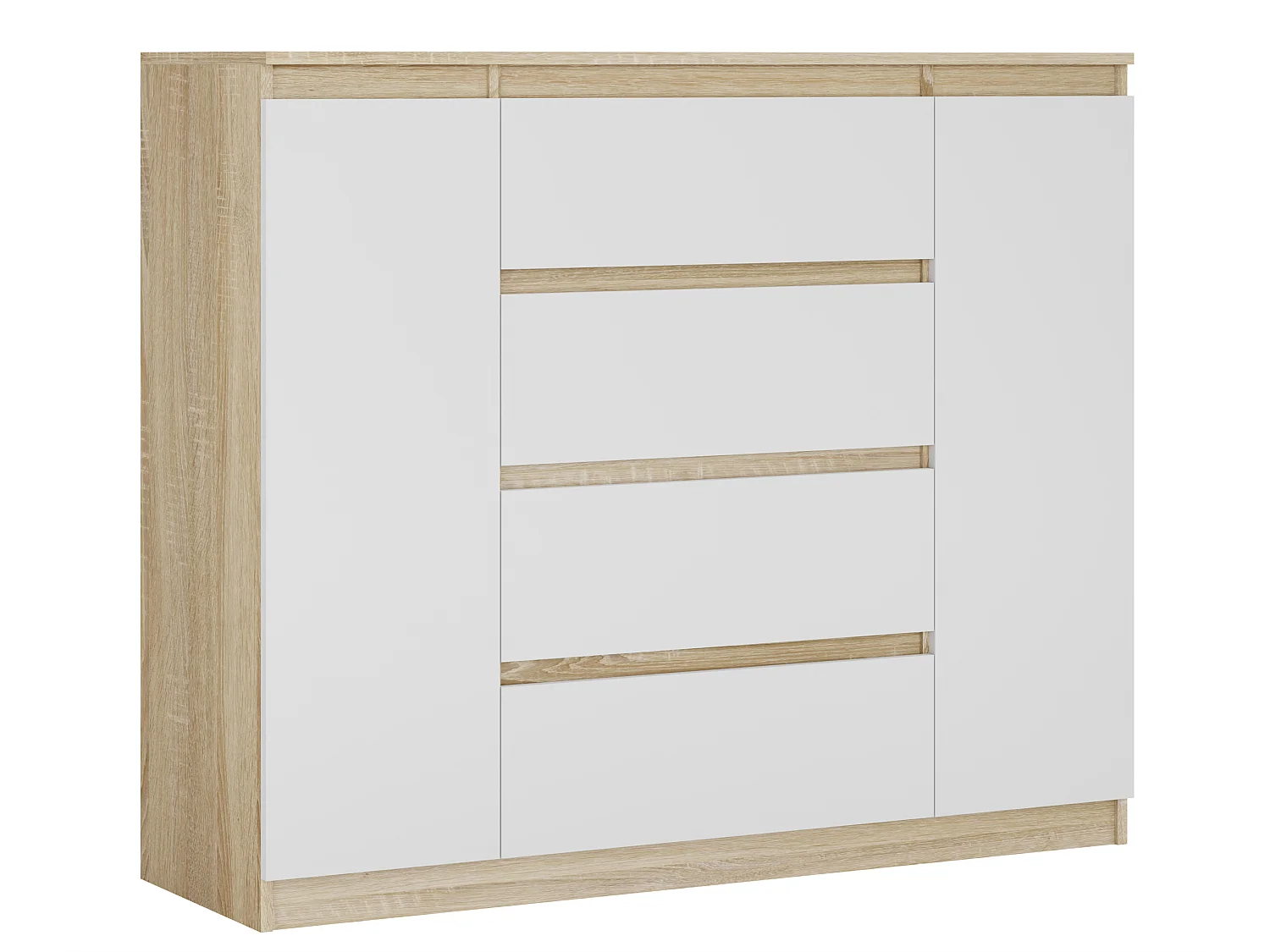 Commode : Chêne Sonoma / Blanc Mat, 120 x 39 x 101 cm, 2 Portes, 4 Tiroirs