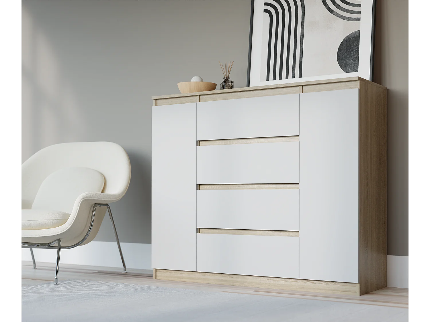 Ladekast: Sonoma Eiken / Mat Wit, 120 x 39 x 101 cm, 2 Deuren, 4 Laden