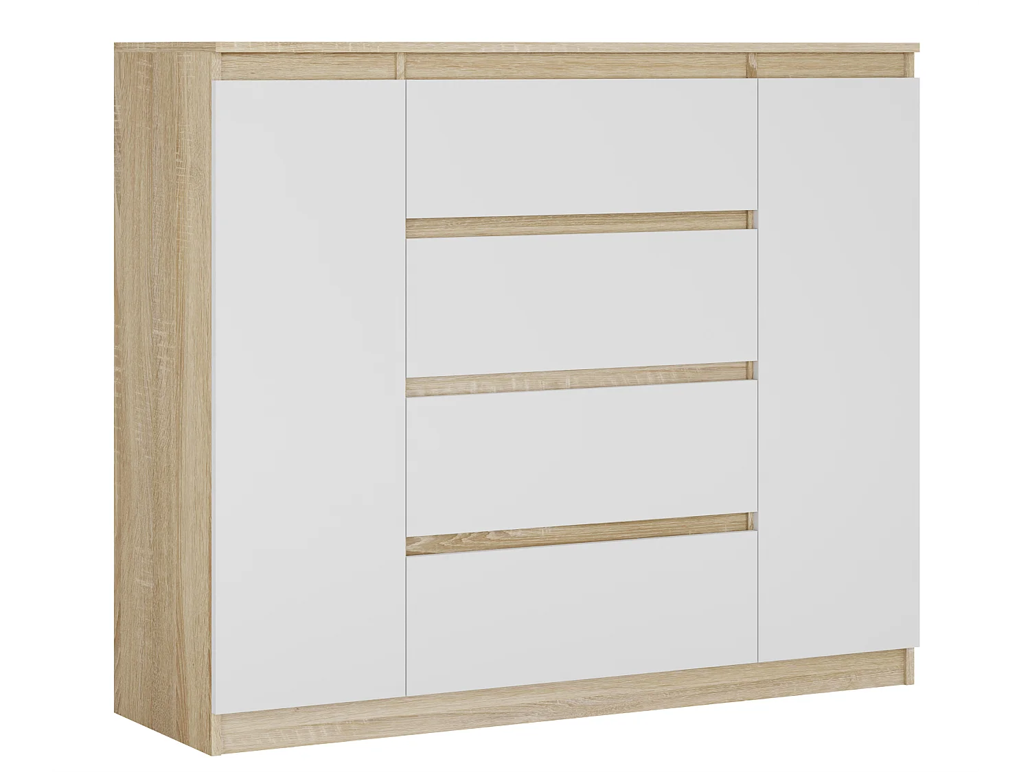 Ladekast: Sonoma Eiken / Mat Wit, 120 x 39 x 101 cm, 2 Deuren, 4 Laden