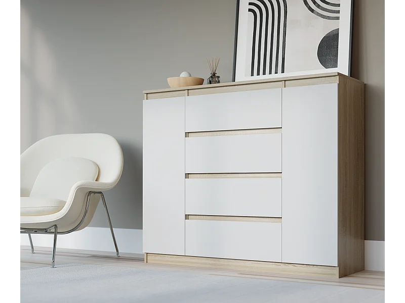 Komoda: dąb sonoma / biały mat, 120 x 39 x 101 cm, 2 drzwi, 4 szuflady