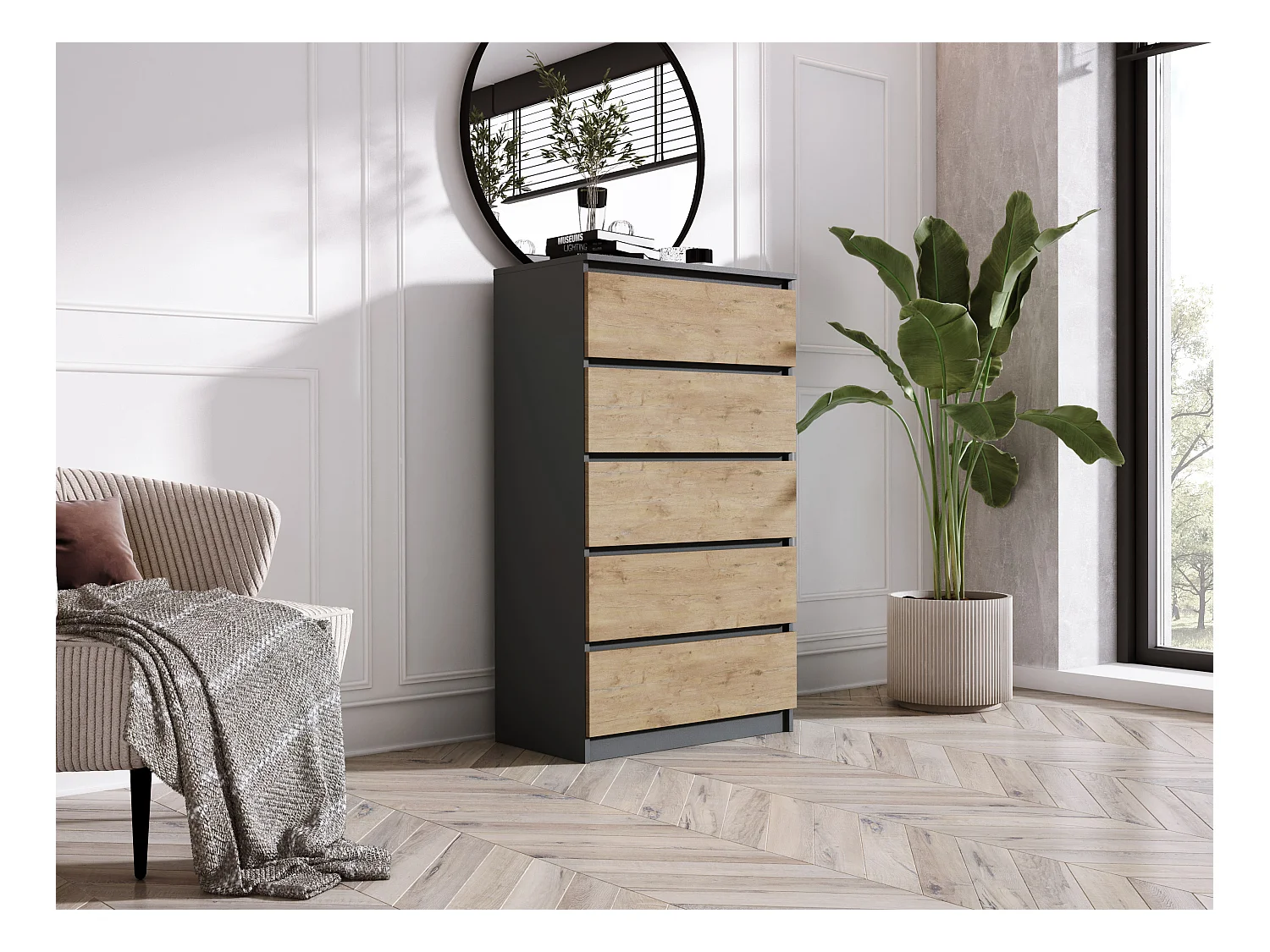 Commode 5 Tiroirs : Anthracite / Chêne Lancelot, 70 x 39 x 125 cm