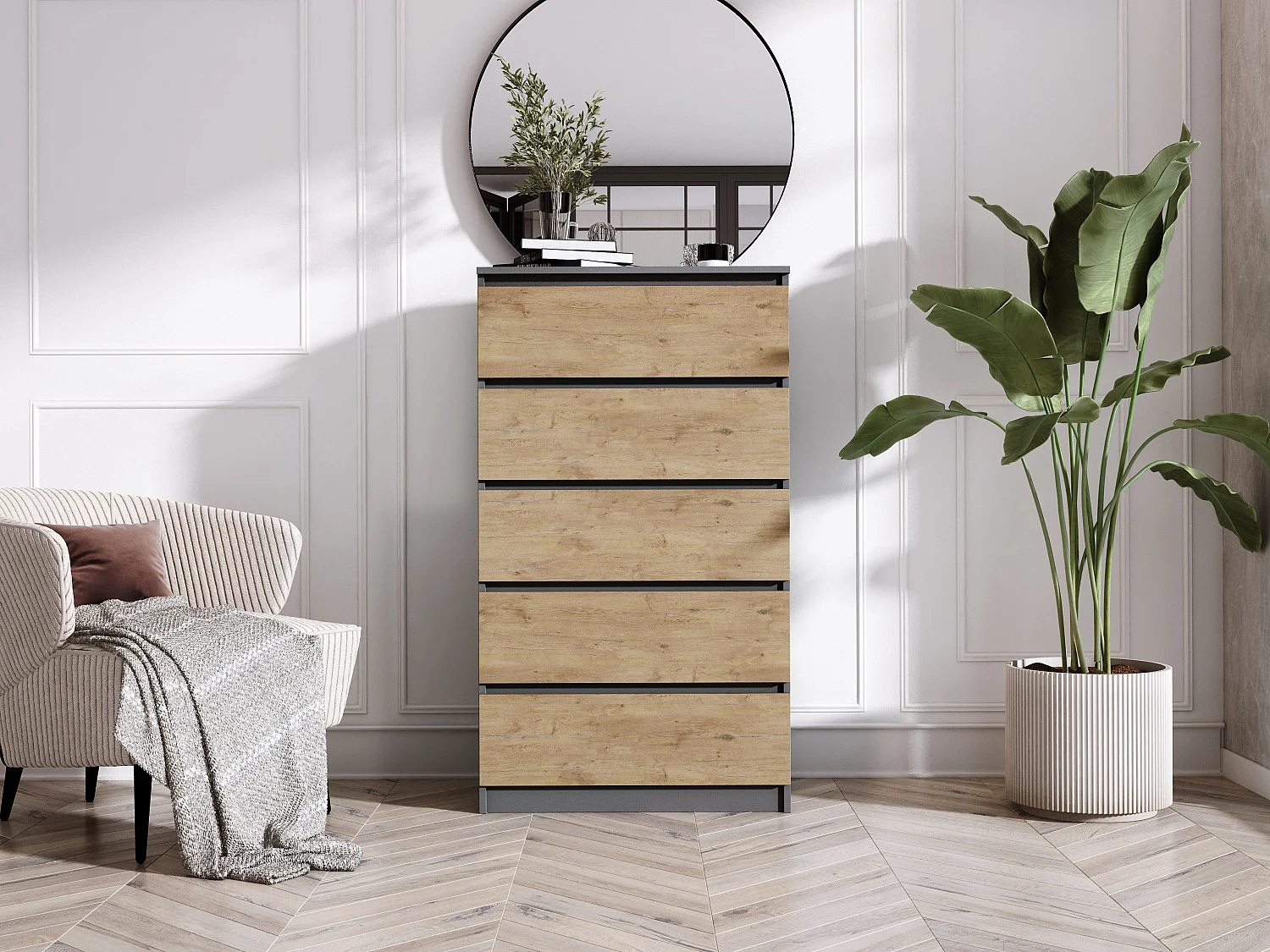 Ladekast met 5 laden: Antraciet / Lancelot Eiken, 70 x 39 x 125 cm