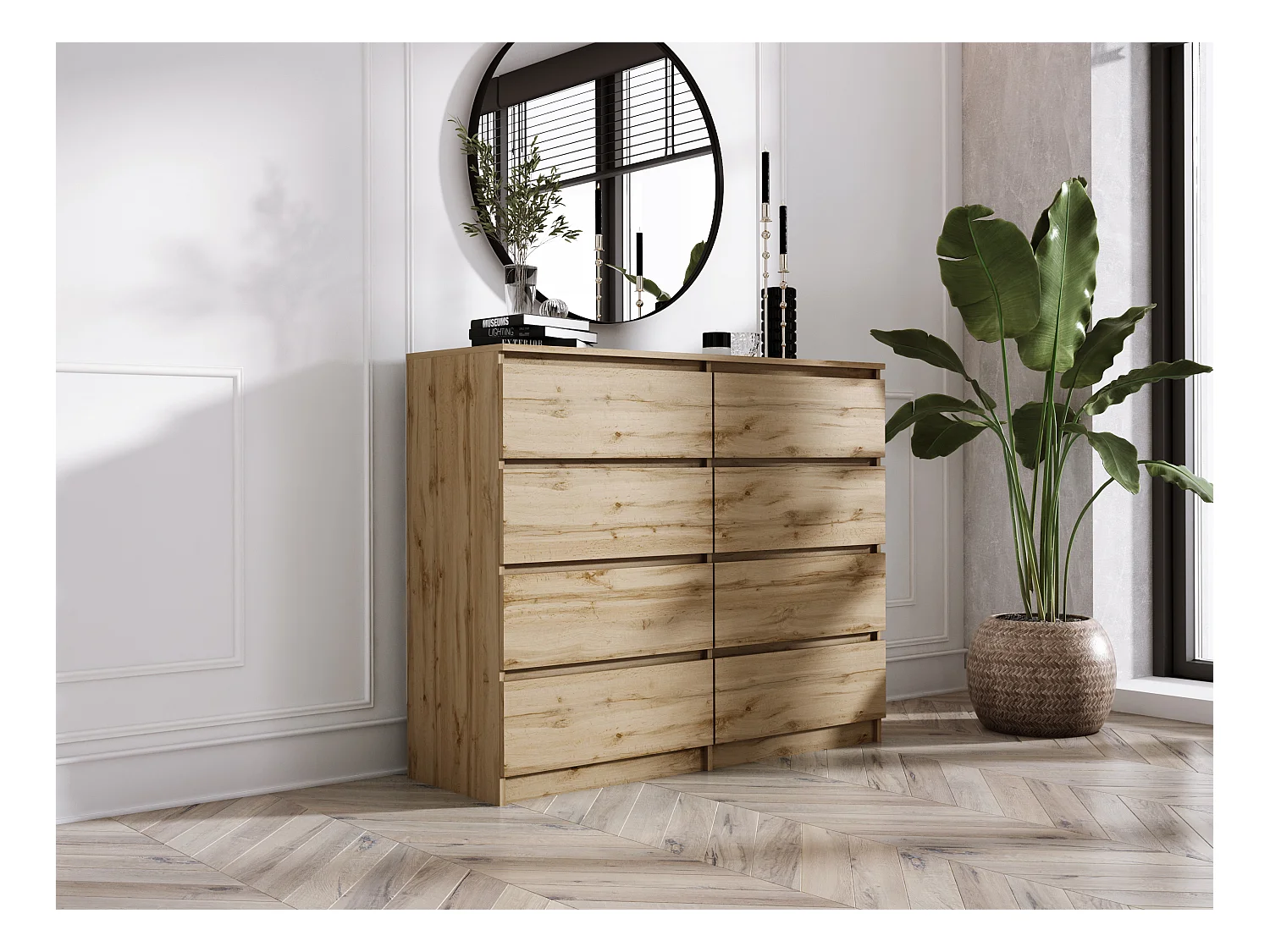 Commode 8 Tiroirs : Chêne Wotan, 120 x 101 x 39 cm