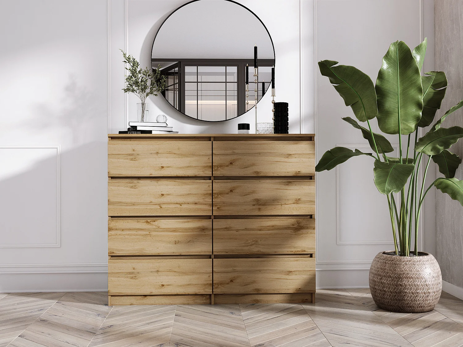 Commode 8 Tiroirs : Chêne Wotan, 120 x 101 x 39 cm