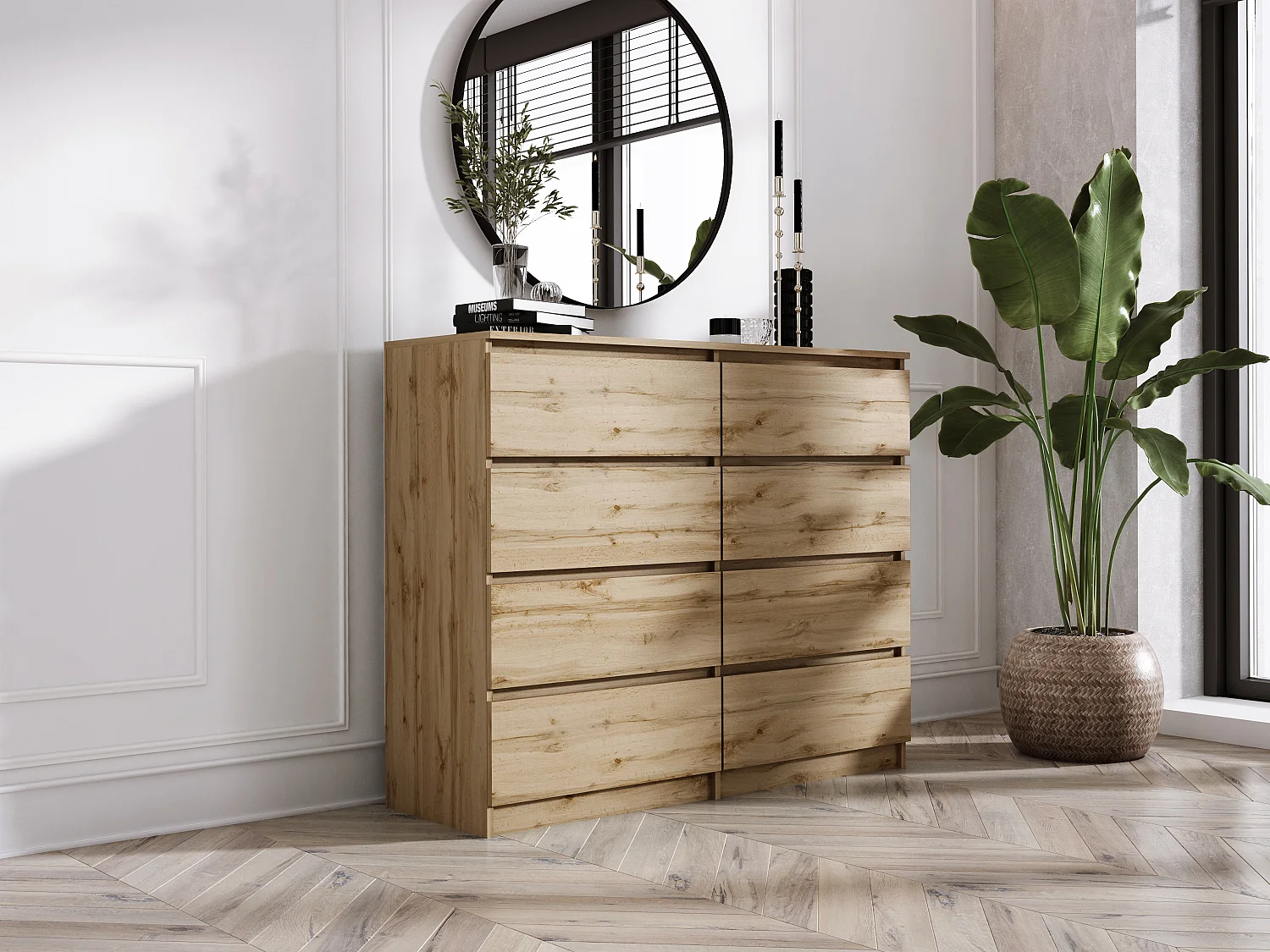 Commode 8 Tiroirs : Chêne Wotan, 120 x 101 x 39 cm