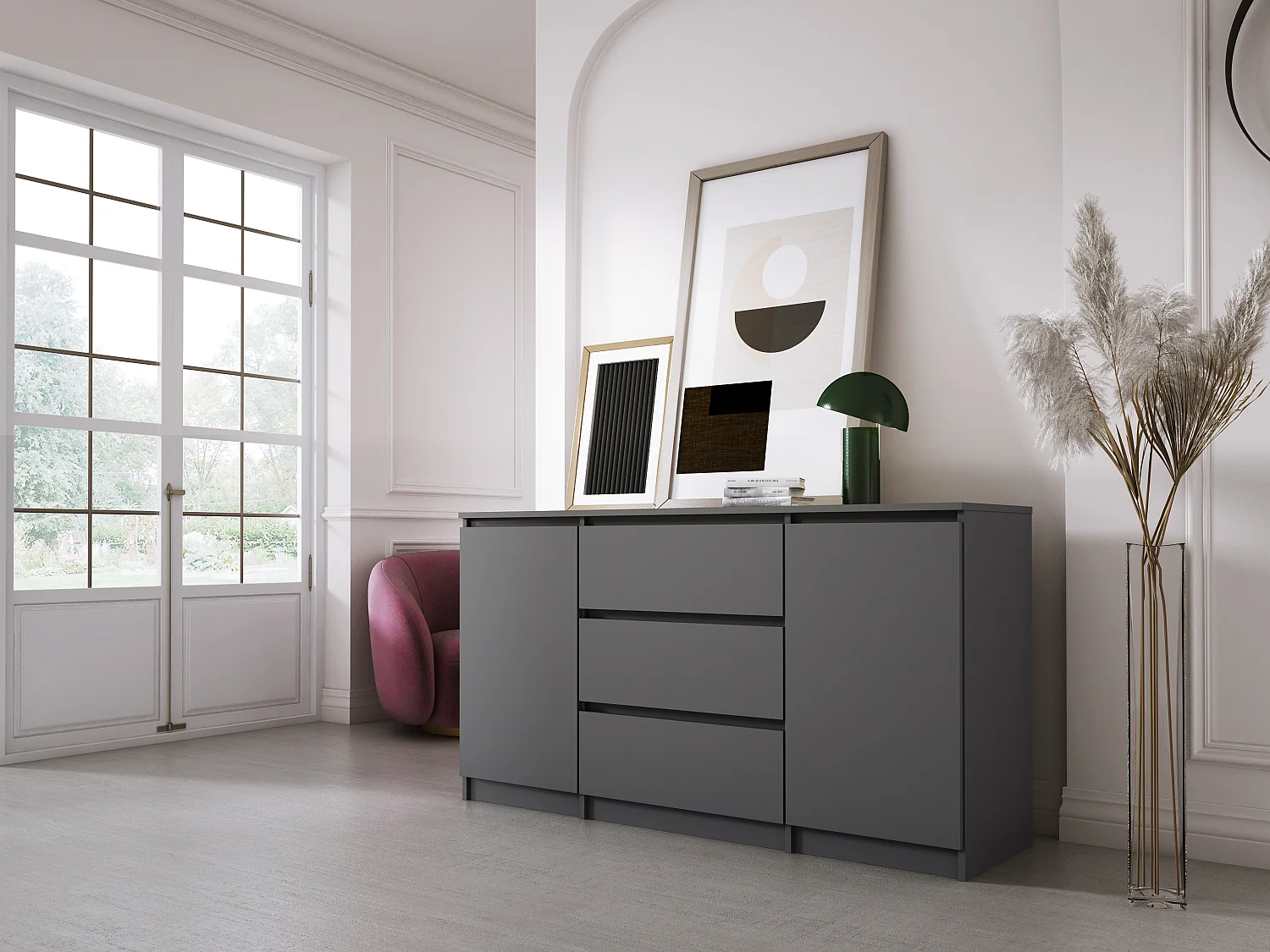 Commode : Anthracite, 140 x 39 x 79 cm, 3 tiroirs, 2 portes