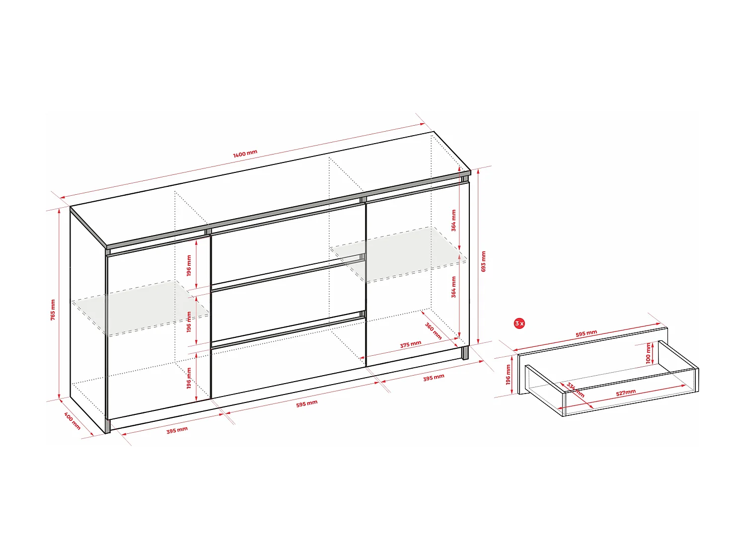 Commode : Anthracite, 140 x 39 x 79 cm, 3 tiroirs, 2 portes