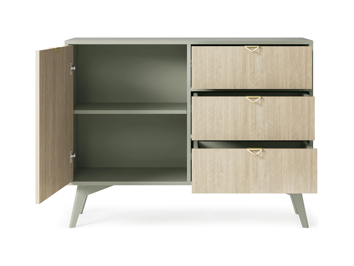 Commode : Eucalyptus / Chevrons scandi, Pieds Bois, 106 x 80 x 38cm