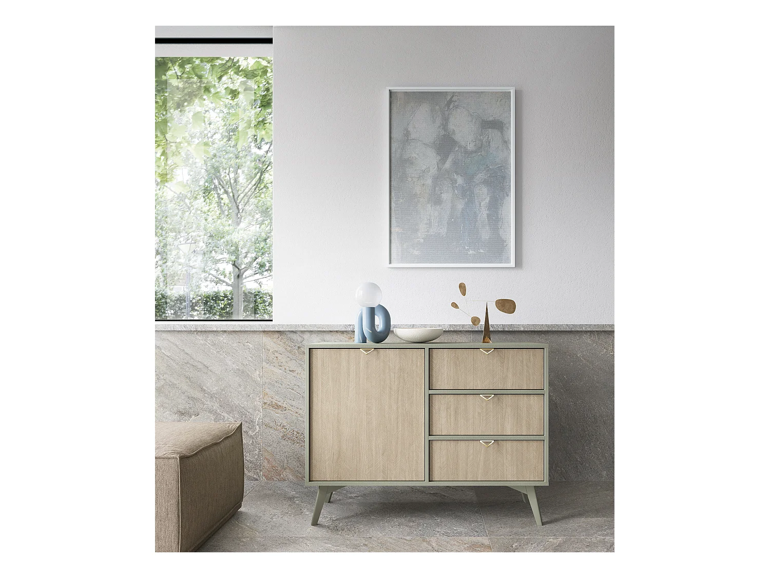 Commode : Eucalyptus / Chevrons scandi, Pieds Bois, 106 x 80 x 38cm