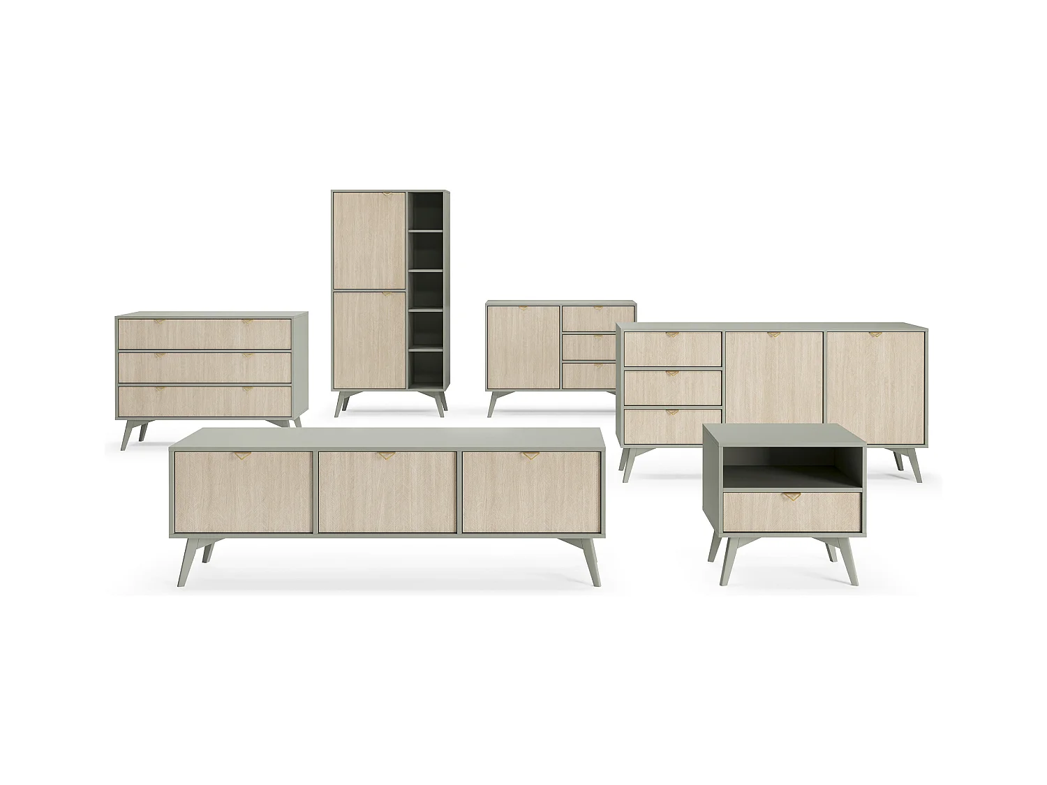 Commode : Eucalyptus / Chevrons scandi, Pieds Bois, 106 x 80 x 38cm