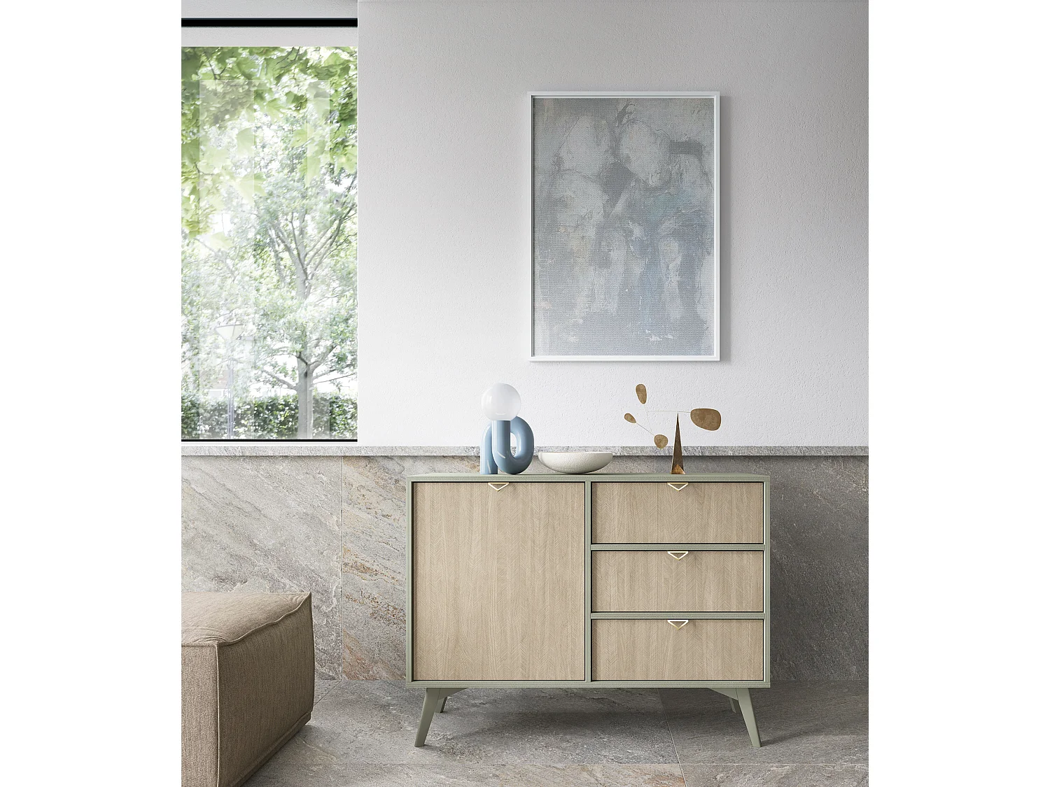 Commode : Eucalyptus / Chevrons scandi, Pieds Bois, 106 x 80 x 38cm