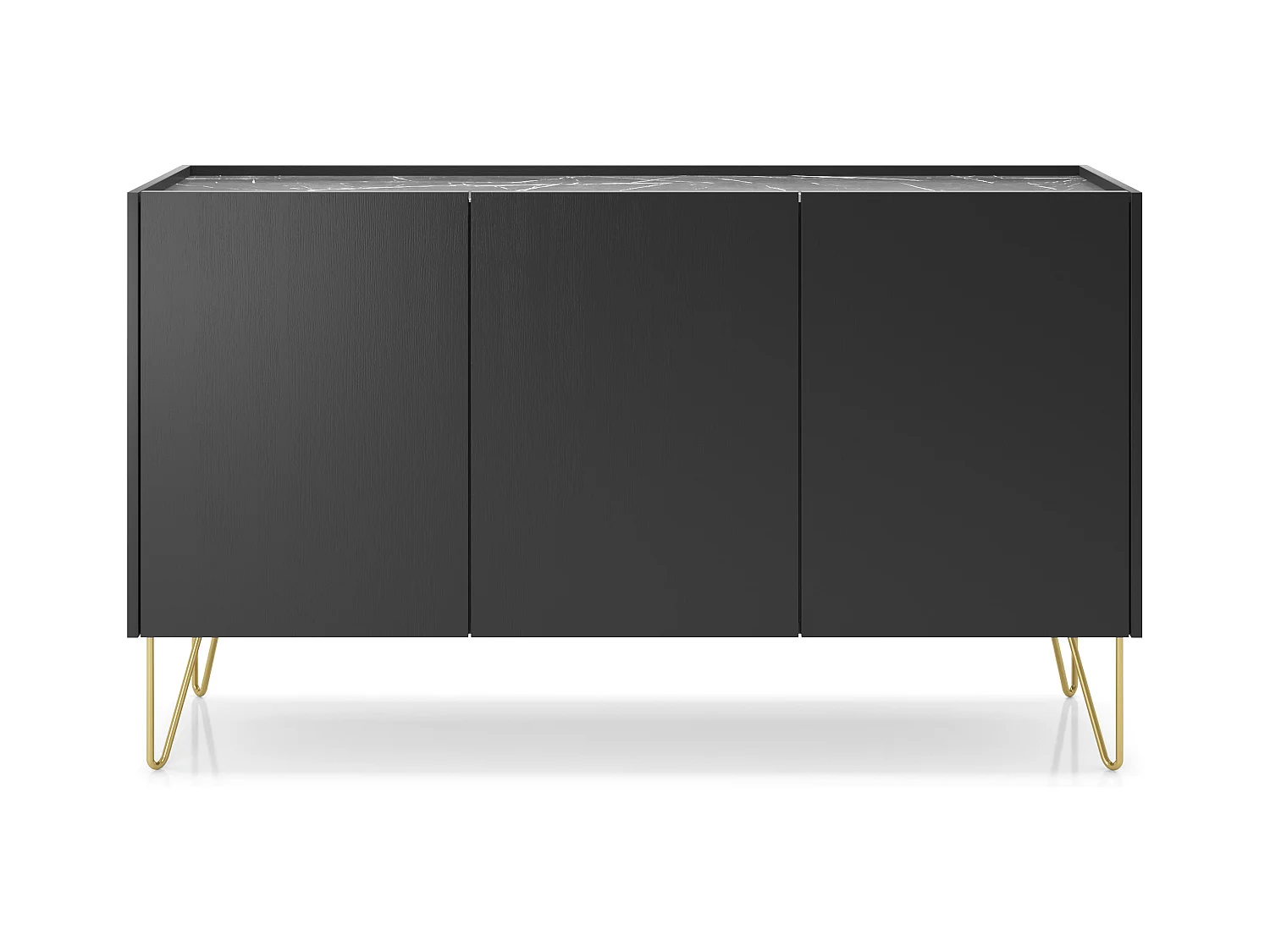 Commode : 3 portes, 6 étagères, noir graphite / marbre noir, 144 cm x 83 cm x 37 cm