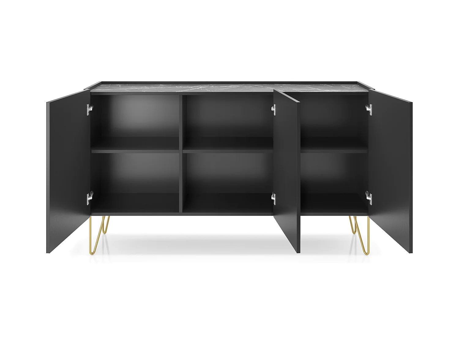 Commode : 3 portes, 6 étagères, noir graphite / marbre noir, 144 cm x 83 cm x 37 cm