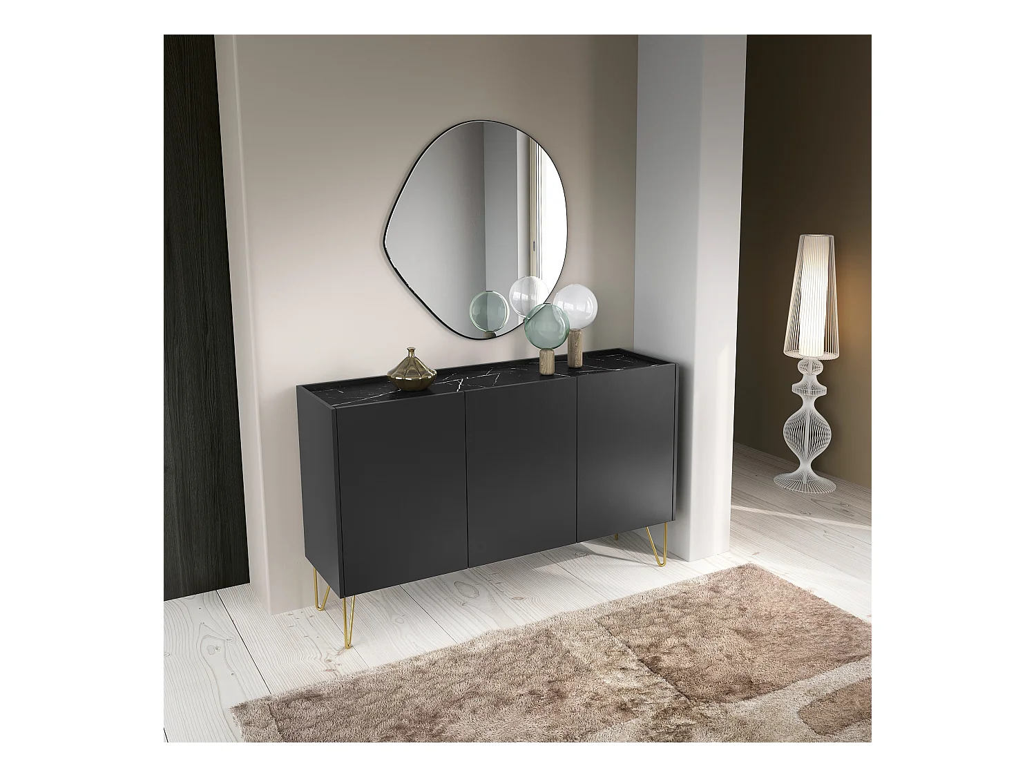 Commode : 3 portes, 6 étagères, noir graphite / marbre noir, 144 cm x 83 cm x 37 cm