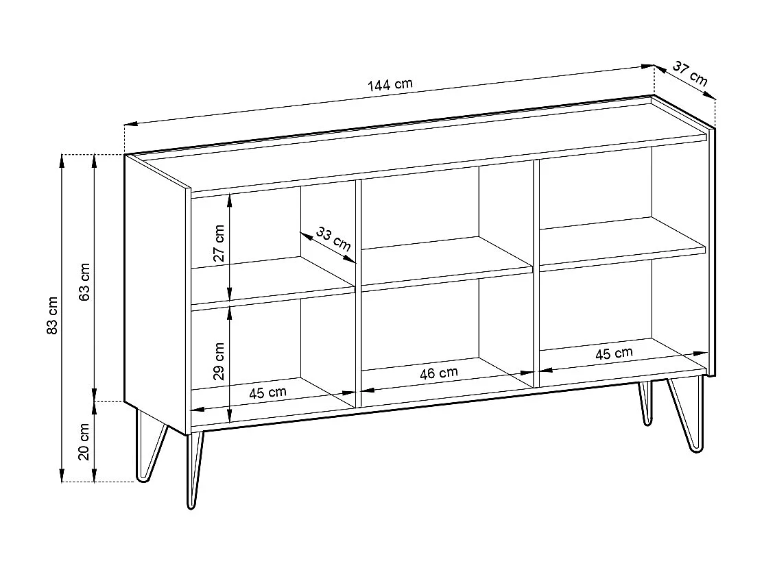 Commode : 3 portes, 6 étagères, noir graphite / marbre noir, 144 cm x 83 cm x 37 cm