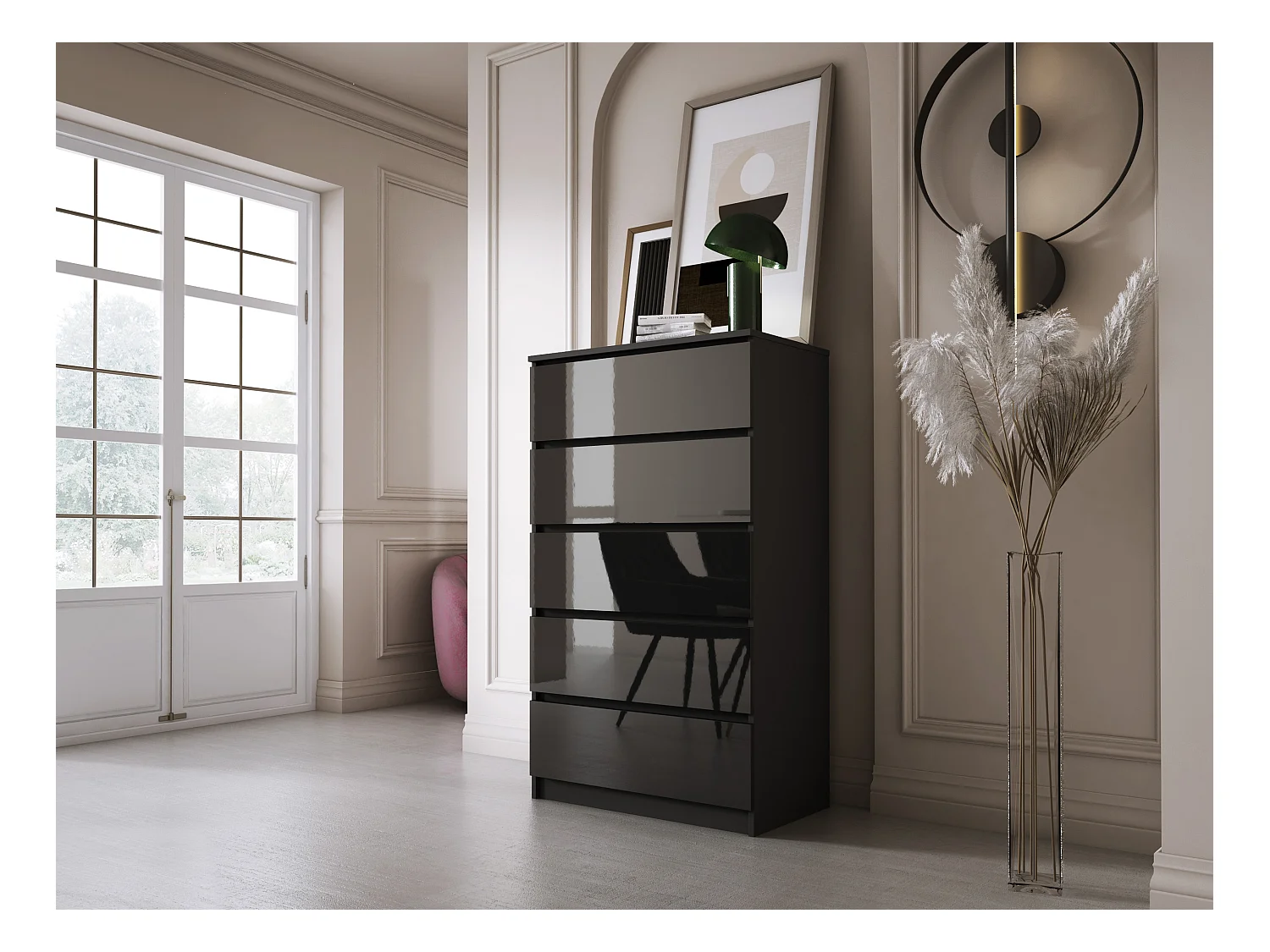 Kommode mit 5 Schubladen, mattschwarz / glänzend schwarz, 70 x 39 x 125 cm