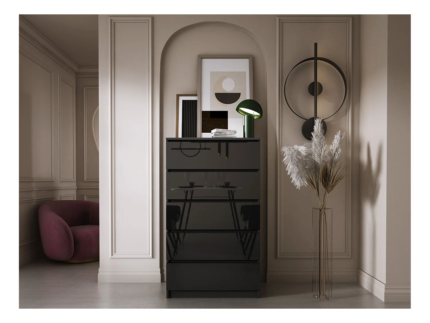 Kommode mit 5 Schubladen, mattschwarz / glänzend schwarz, 70 x 39 x 125 cm