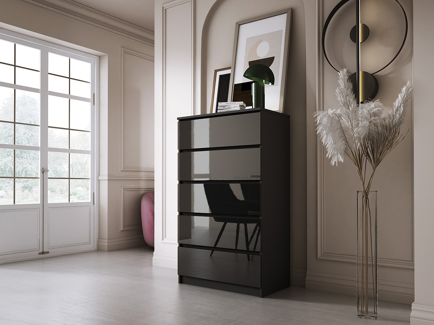 Commode 5 Tiroirs, Noir Mat / Noir Brillant, 70 x 39 x 125 cm