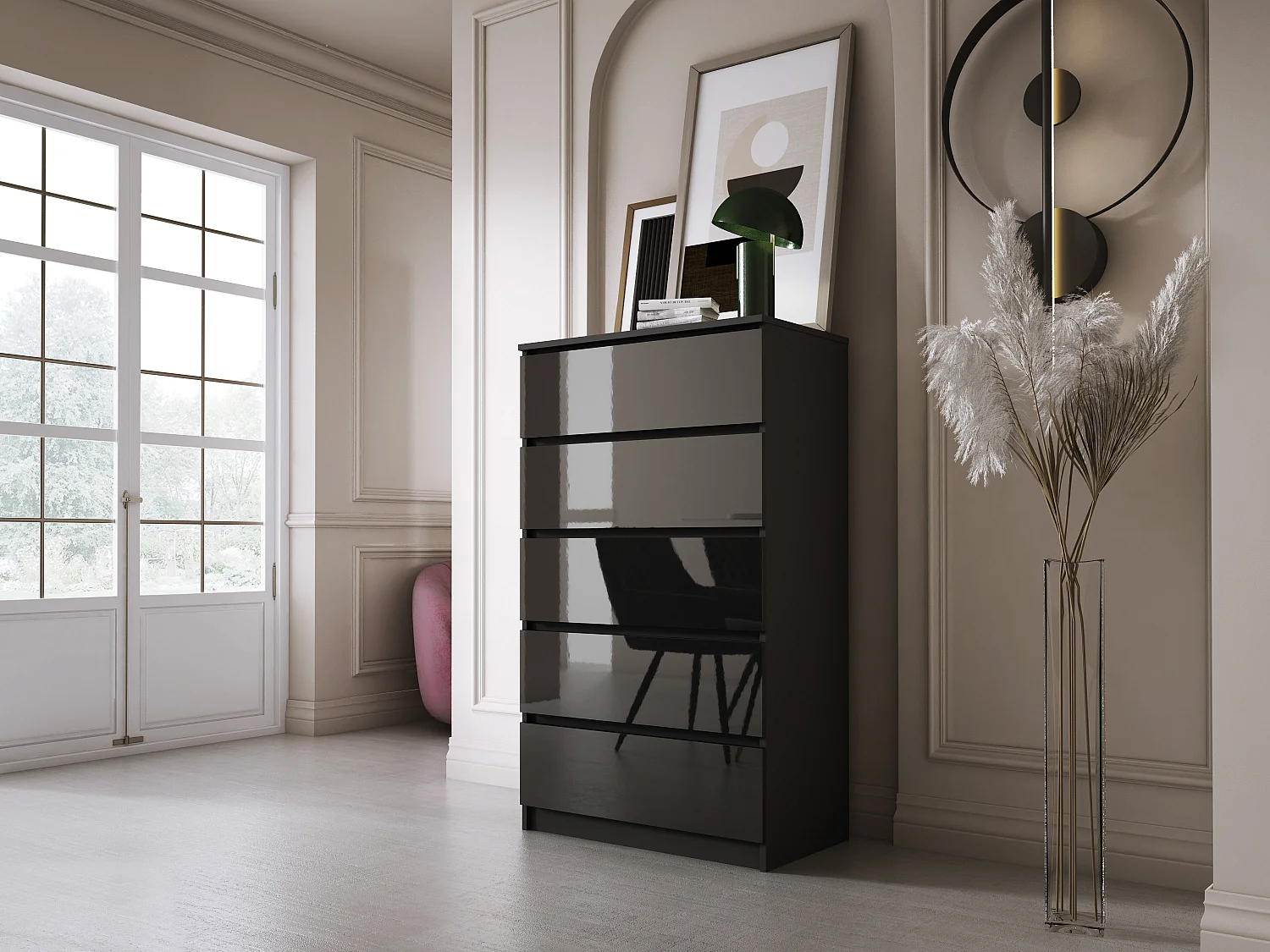 Commode 5 Tiroirs, Noir Mat / Noir Brillant, 70 x 39 x 125 cm