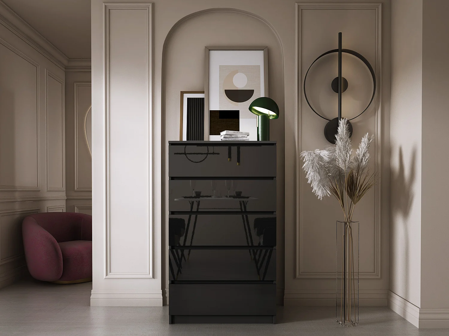 Commode 5 Tiroirs, Noir Mat / Noir Brillant, 70 x 39 x 125 cm