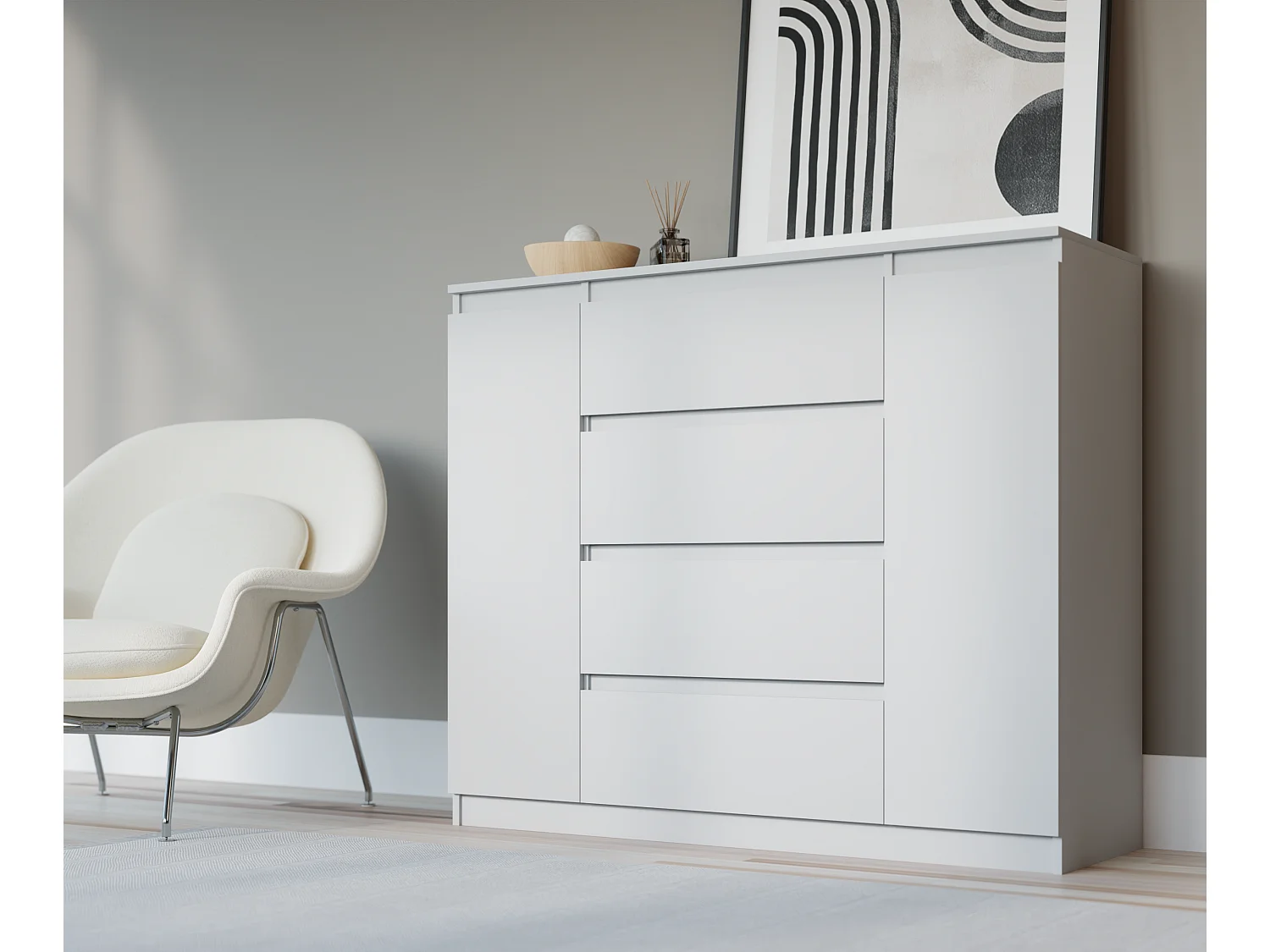 Kommode: Mattweiß, 140 x 39 x 101 cm, 2 Türen, 4 Schubladen