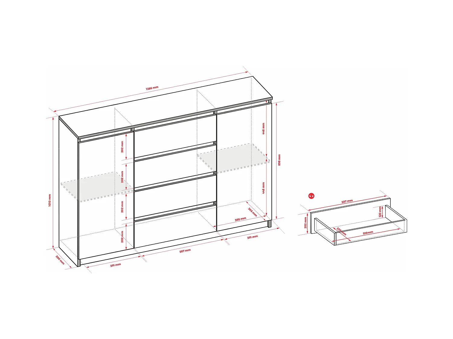 Commode : Blanc Mat, 140 x 39 x 101 cm, 2 portes, 4 tiroirs