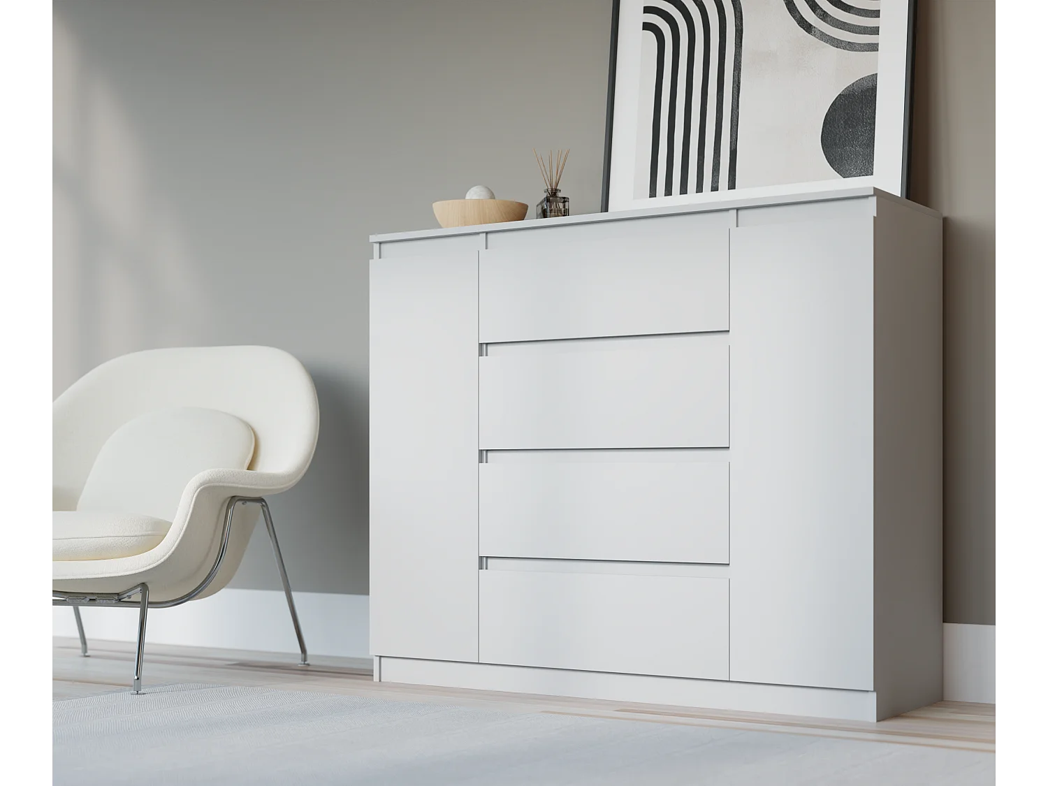 Komoda: Biała Matowa, 140 x 39 x 101 cm, 2 drzwi, 4 szuflady