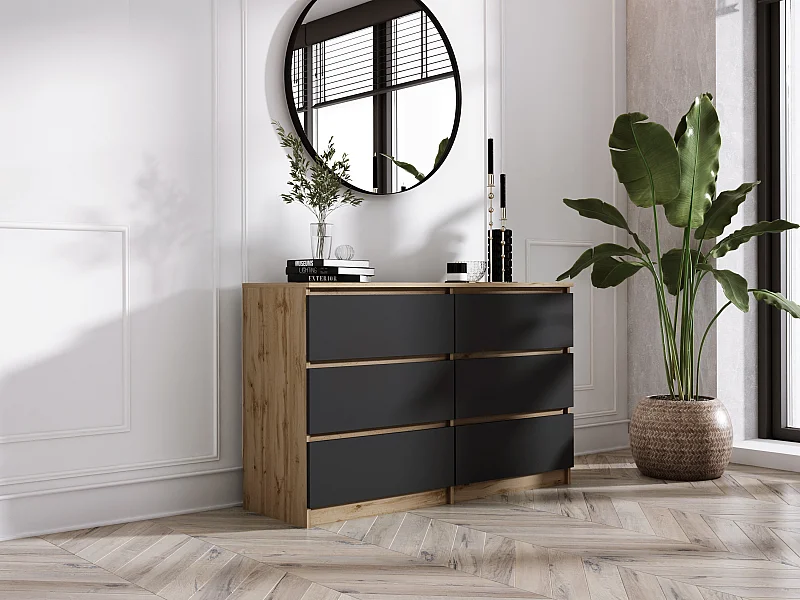 Commode 6 Tiroirs : Chêne Wotan / Noir Mat, 120 x 79 x 39 cm