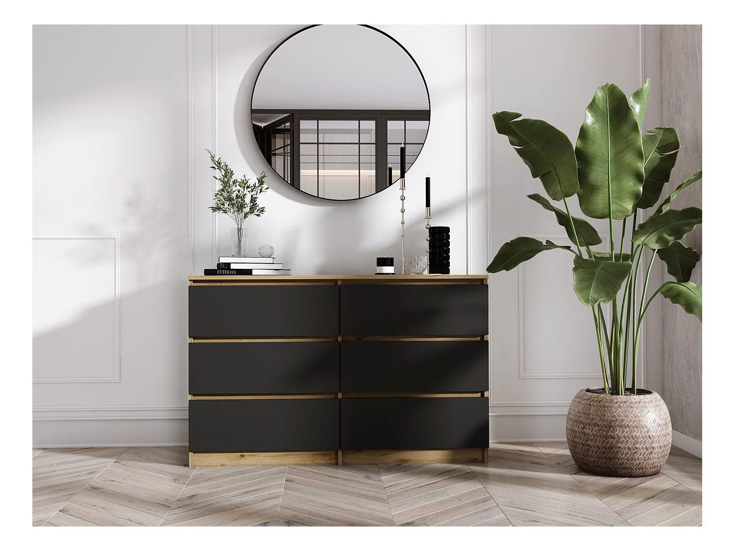 Cómoda con 6 cajones: roble Wotan/negro mate, 120 x 79 x 39 cm