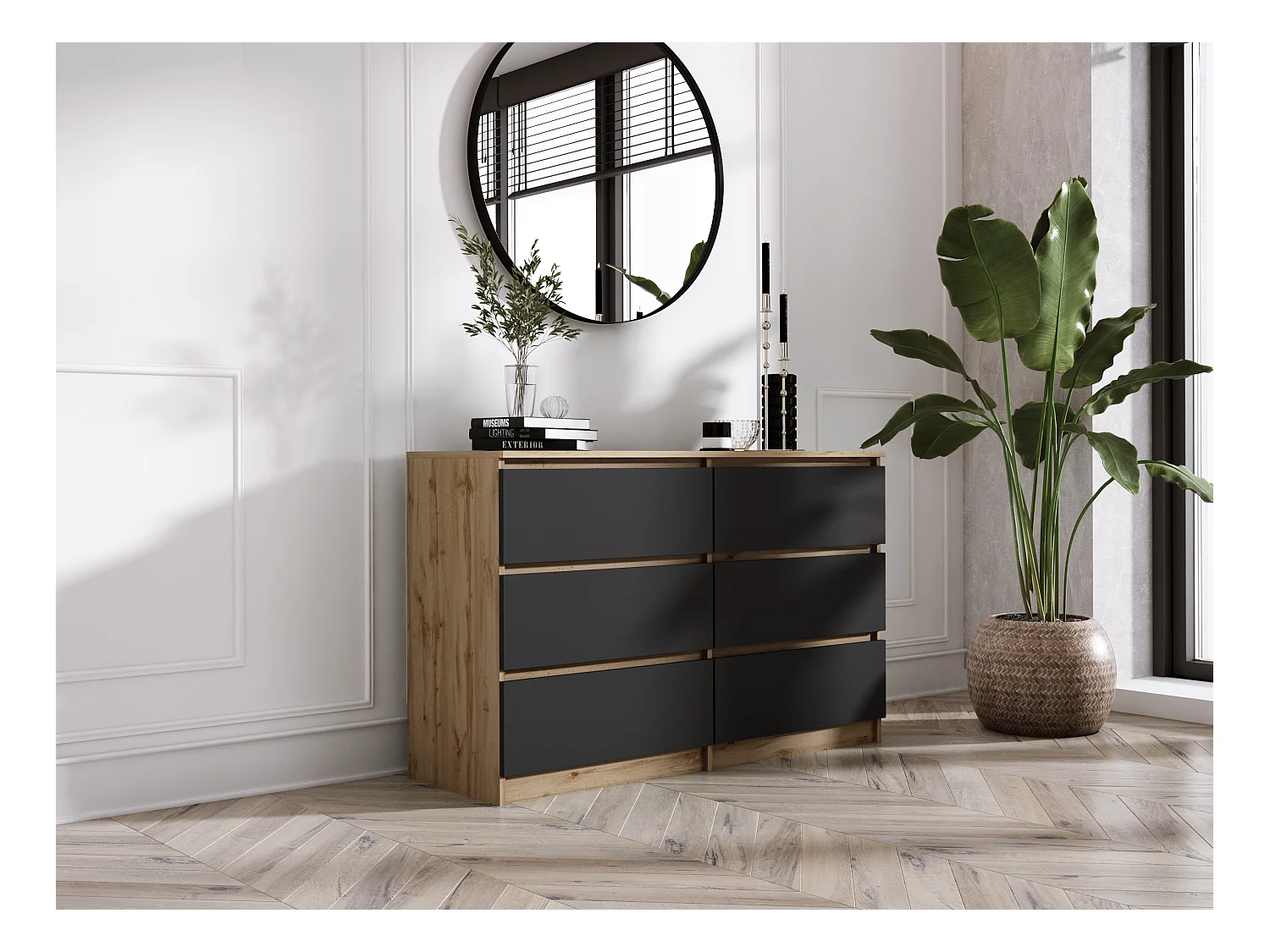 Commode 6 Tiroirs : Chêne Wotan / Noir Mat, 120 x 79 x 39 cm
