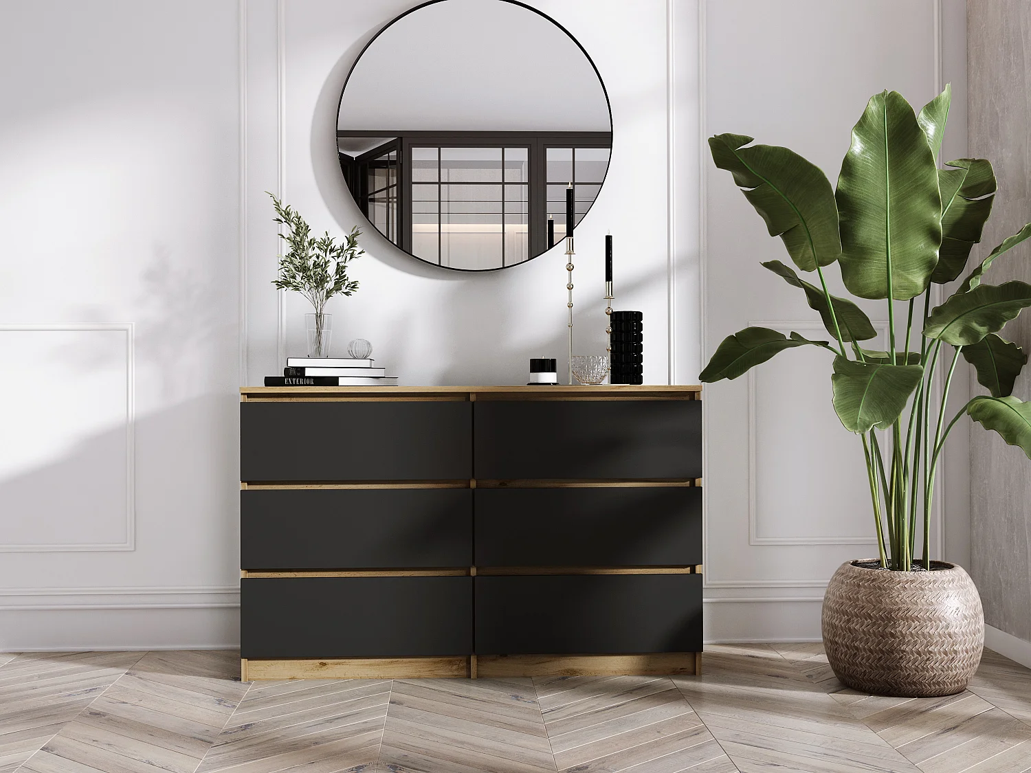 Commode 6 Tiroirs : Chêne Wotan / Noir Mat, 120 x 79 x 39 cm