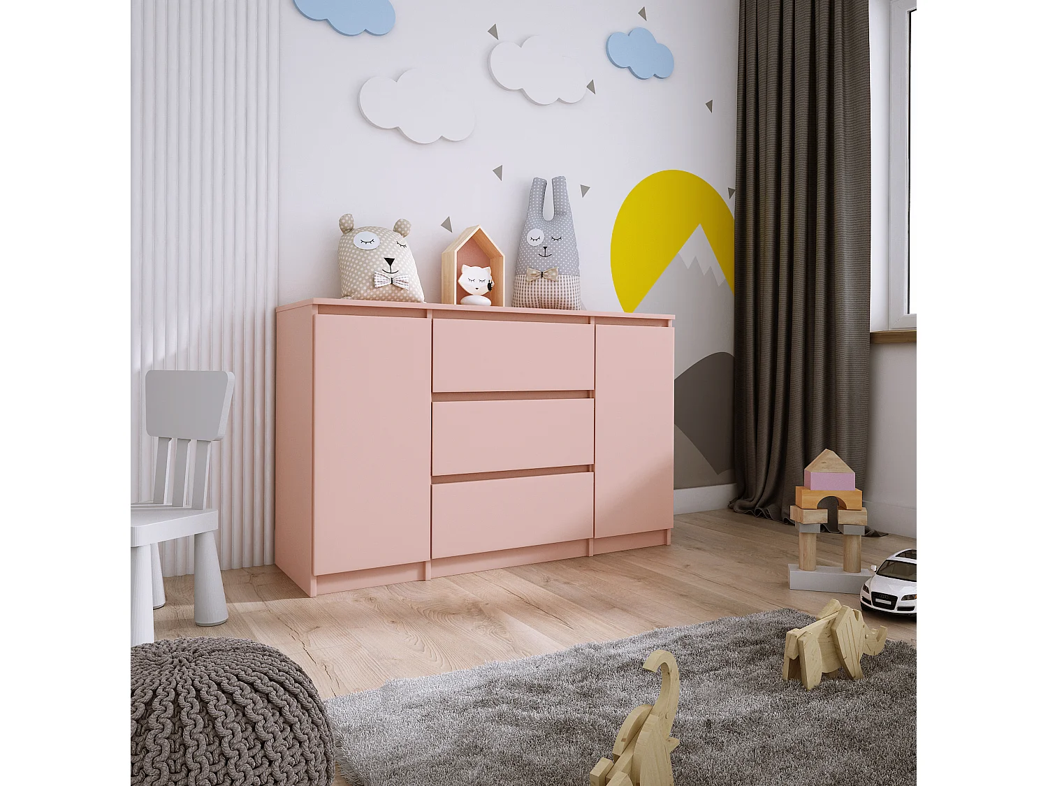 Commode 2 portes 3 tiroirs, 120 x 78 x 39 cm, couleur: rose