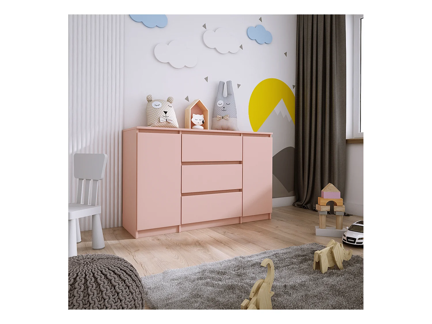 Commode 2 portes 3 tiroirs, 120 x 78 x 39 cm, couleur: rose