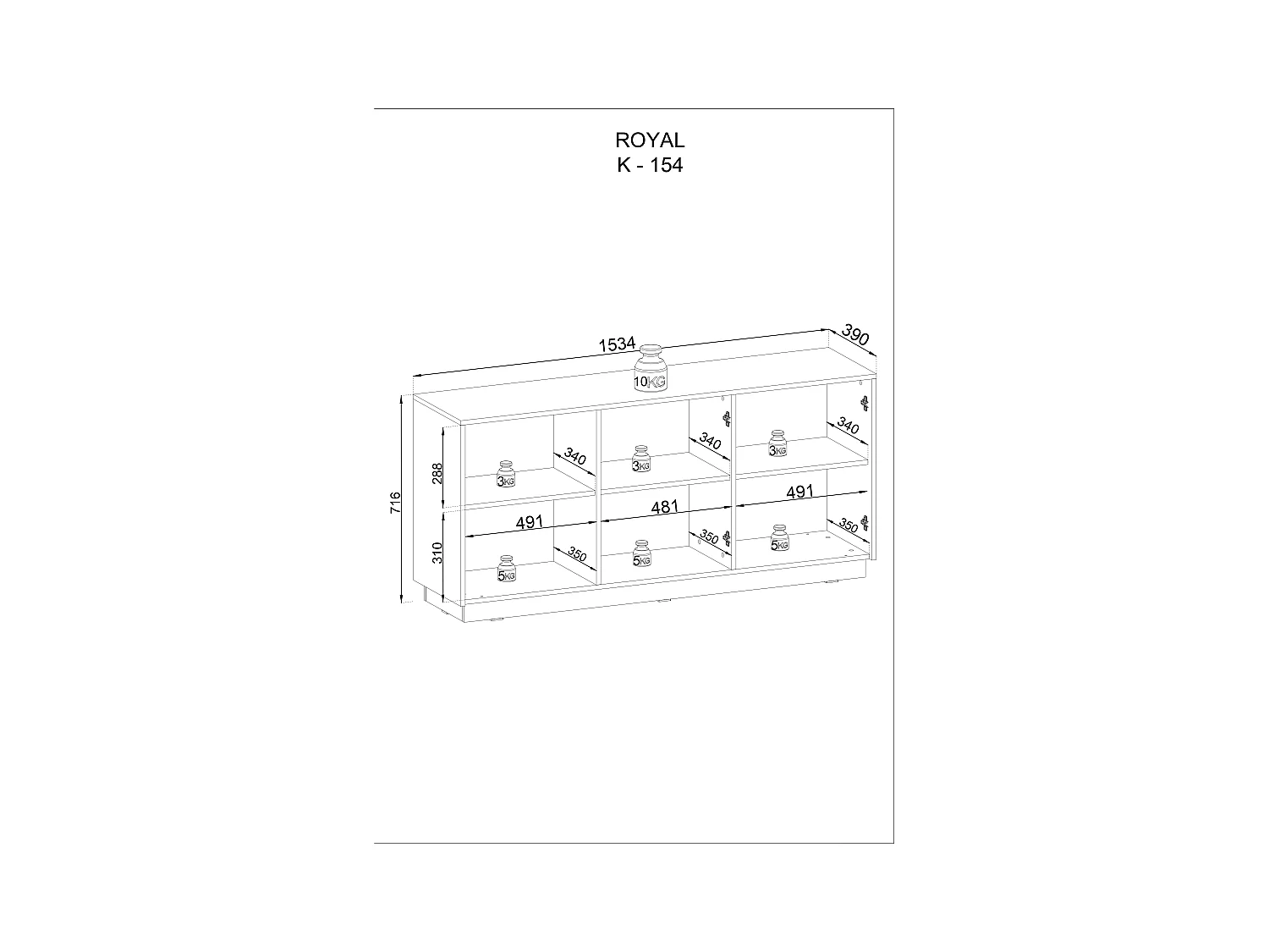 Kommode: 3 Türen, 6 Einlegeböden, Mattweiß, 153,4 cm x 71,6 cm x 39 cm