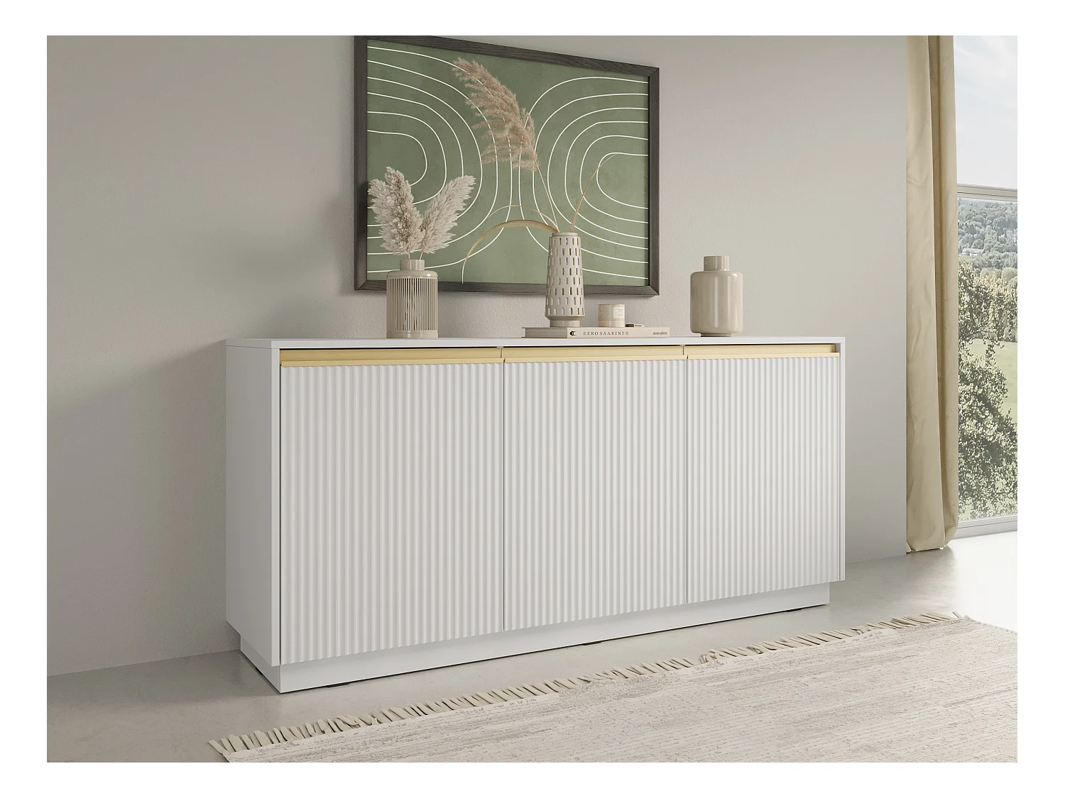 Kommode: 3 Türen, 6 Einlegeböden, Mattweiß, 153,4 cm x 71,6 cm x 39 cm