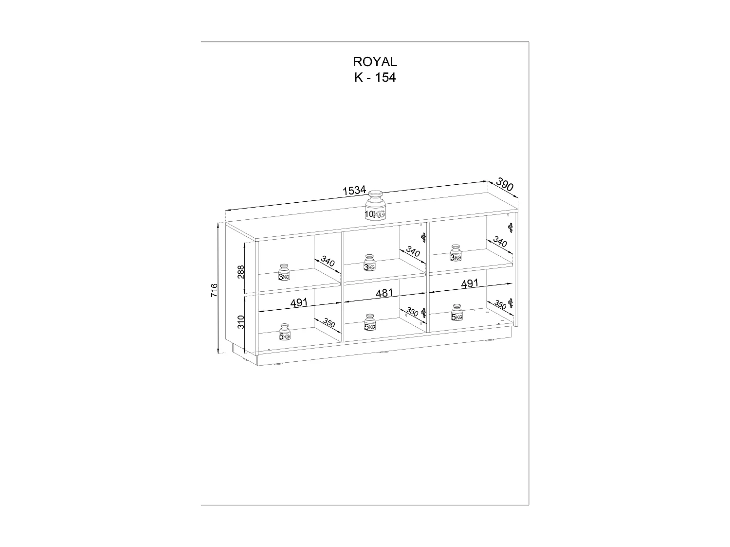 Commode : 3 portes, 6 étagères, Blanc Mat, 153,4 cm x 71,6 cm x 39 cm