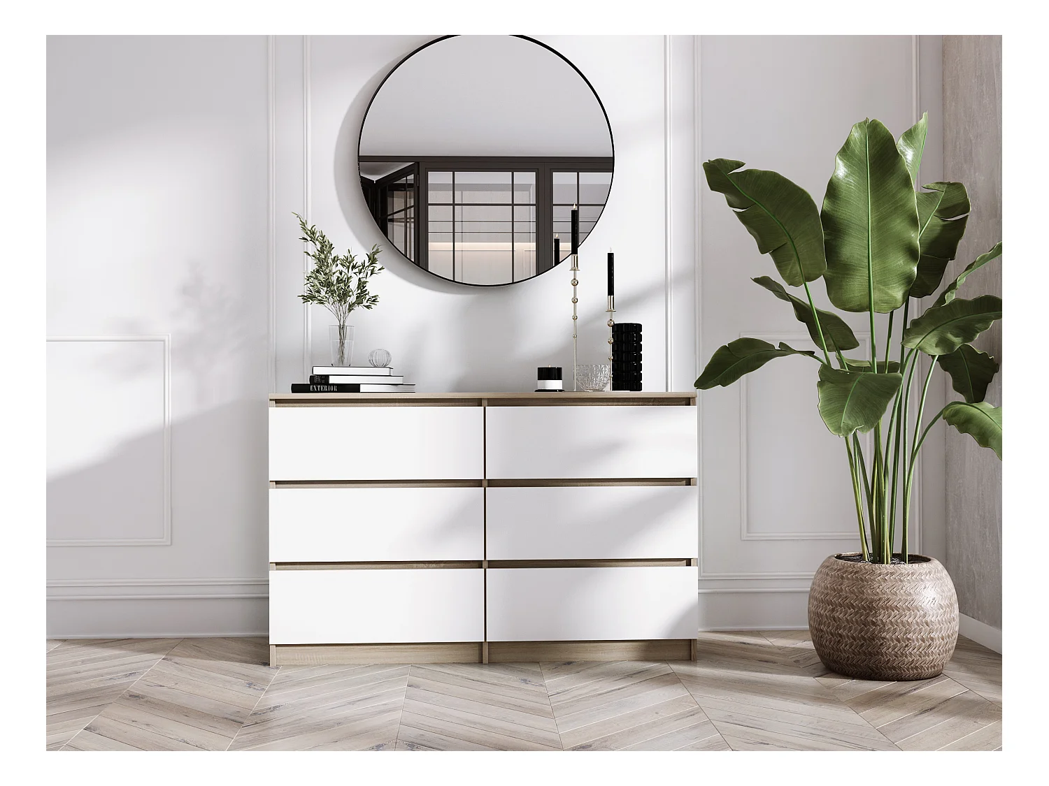 Komoda z 6 szufladami: dąb sonoma / biały mat, 120 x 39 x 79 cm