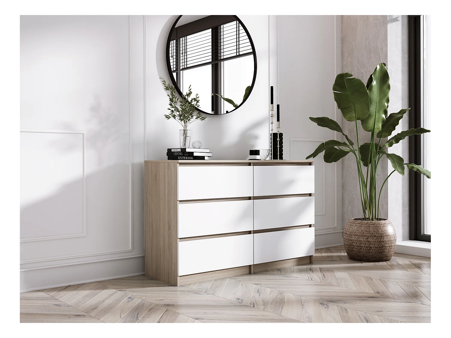 Commode 6 Tiroirs : Chêne Sonoma / Blanc Mat, 120 x 39 x 79 cm