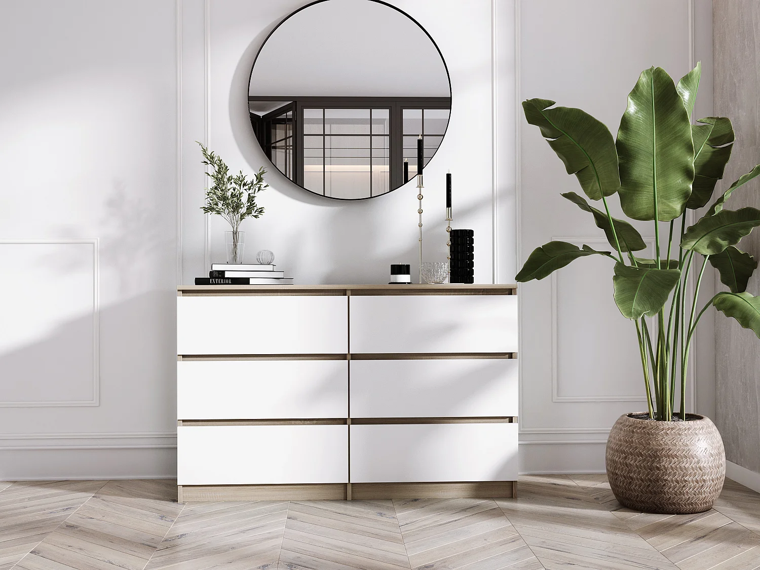 Commode 6 Tiroirs : Chêne Sonoma / Blanc Mat, 120 x 39 x 79 cm