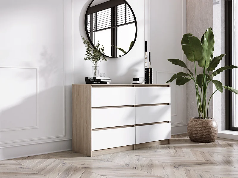 Commode 6 Tiroirs : Chêne Sonoma / Blanc Mat, 120 x 39 x 79 cm