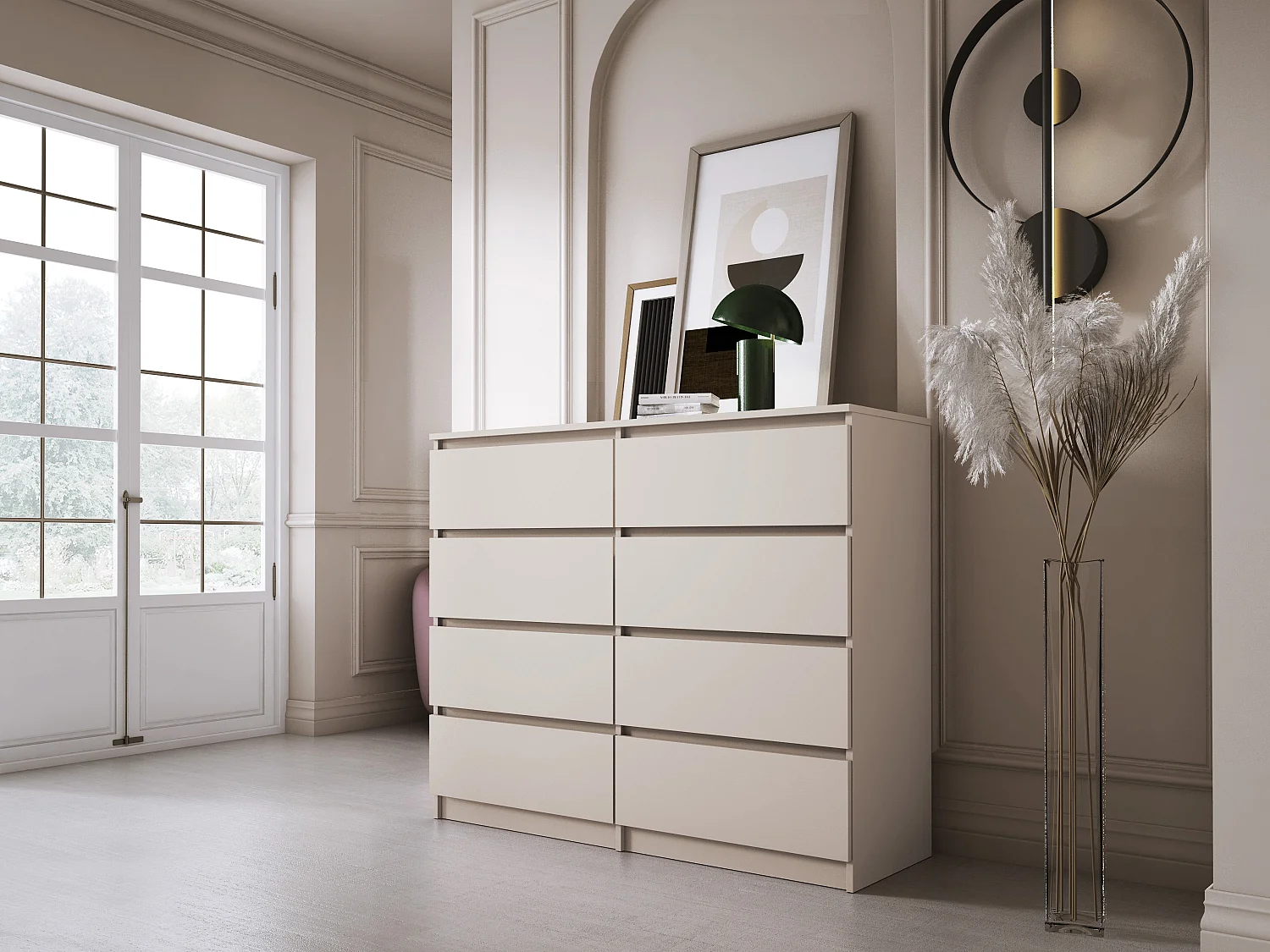 Commode : 8 tiroirs, cachemire, 120 x 102 x 39 cm