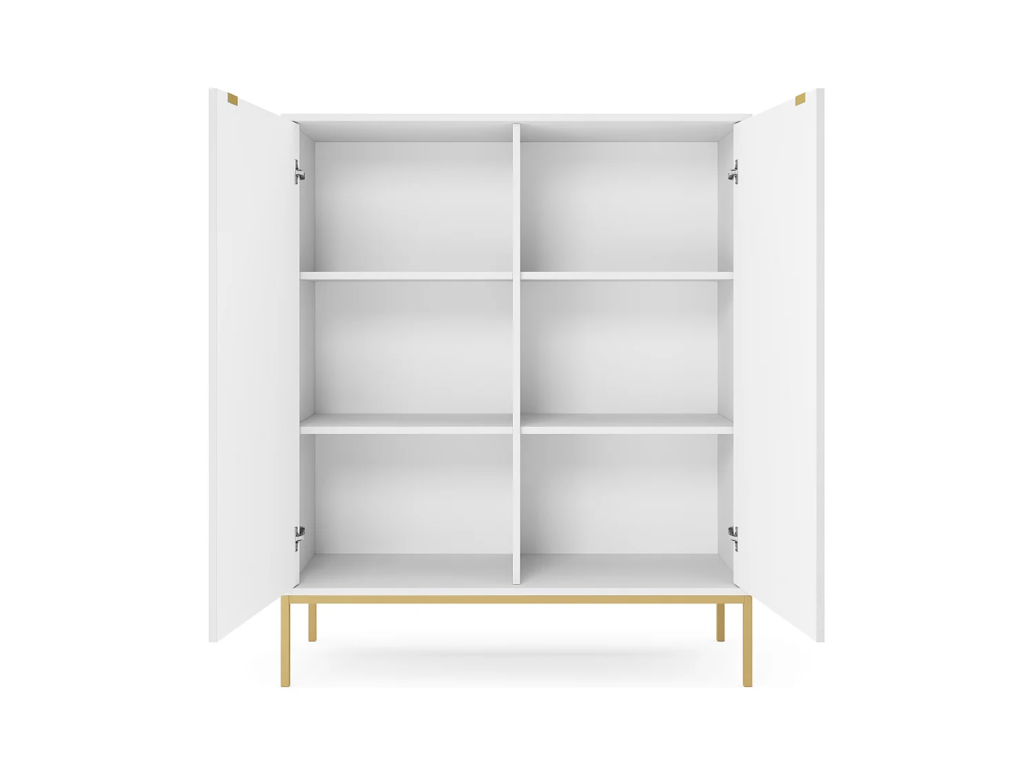 Commode : 2 Portes, Blanc, or, 104 x 125 x 39 cm, poignées dorées