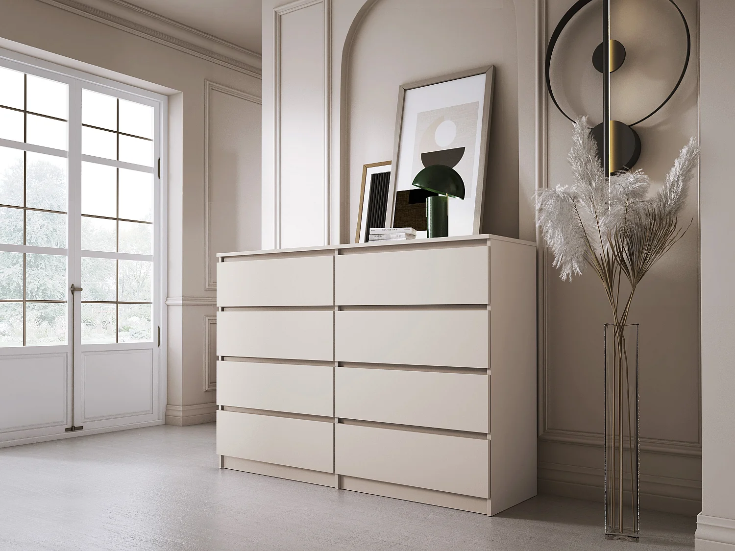 Commode : 8 tiroirs, cachemire, 139 x 102 x 39 cm