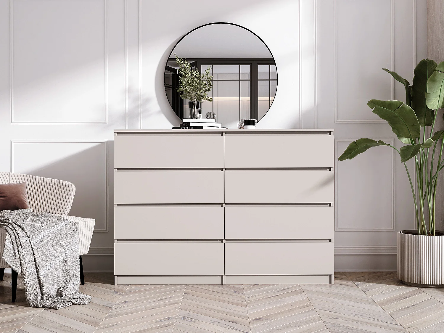 Commode : 8 tiroirs, cachemire, 139 x 102 x 39 cm