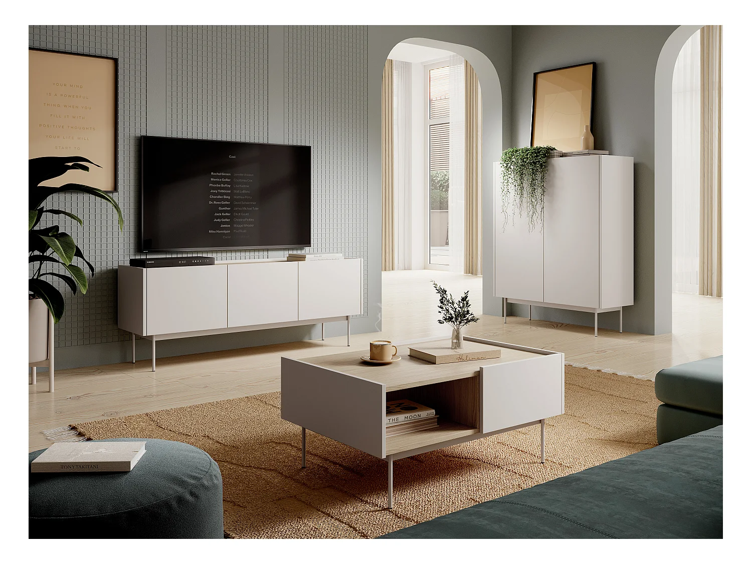 Kommode, Korpus und Front: Kaschmir, Platte: Linea-Eiche, 97 x 122 x 37 cm