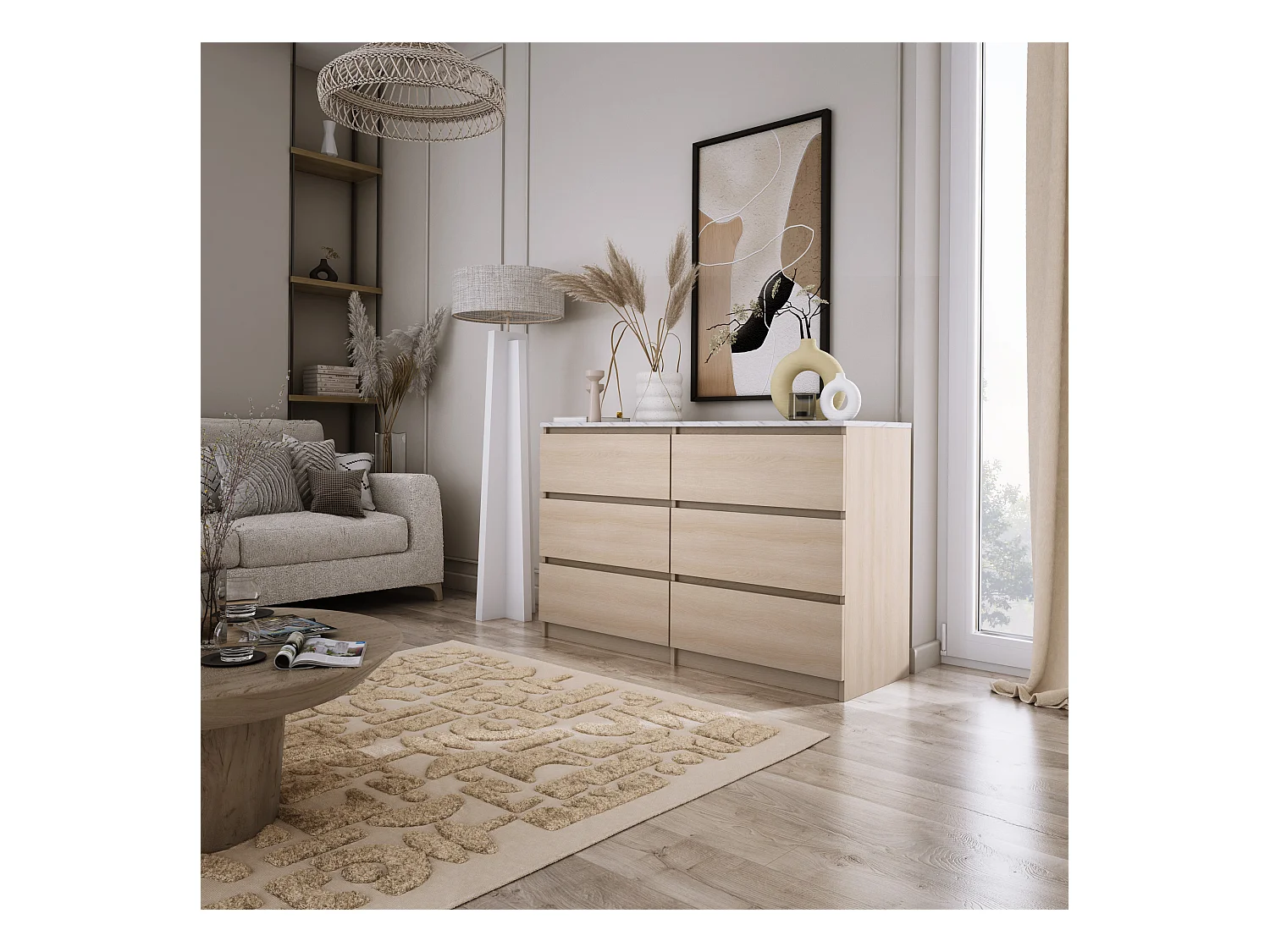 Commode 6 Tiroirs : Chêne Linberg / Marbre Blanc, 120 x 79 x 39 cm