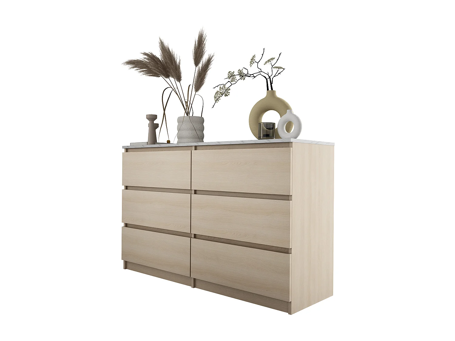 Commode 6 Tiroirs : Chêne Linberg / Marbre Blanc, 120 x 79 x 39 cm